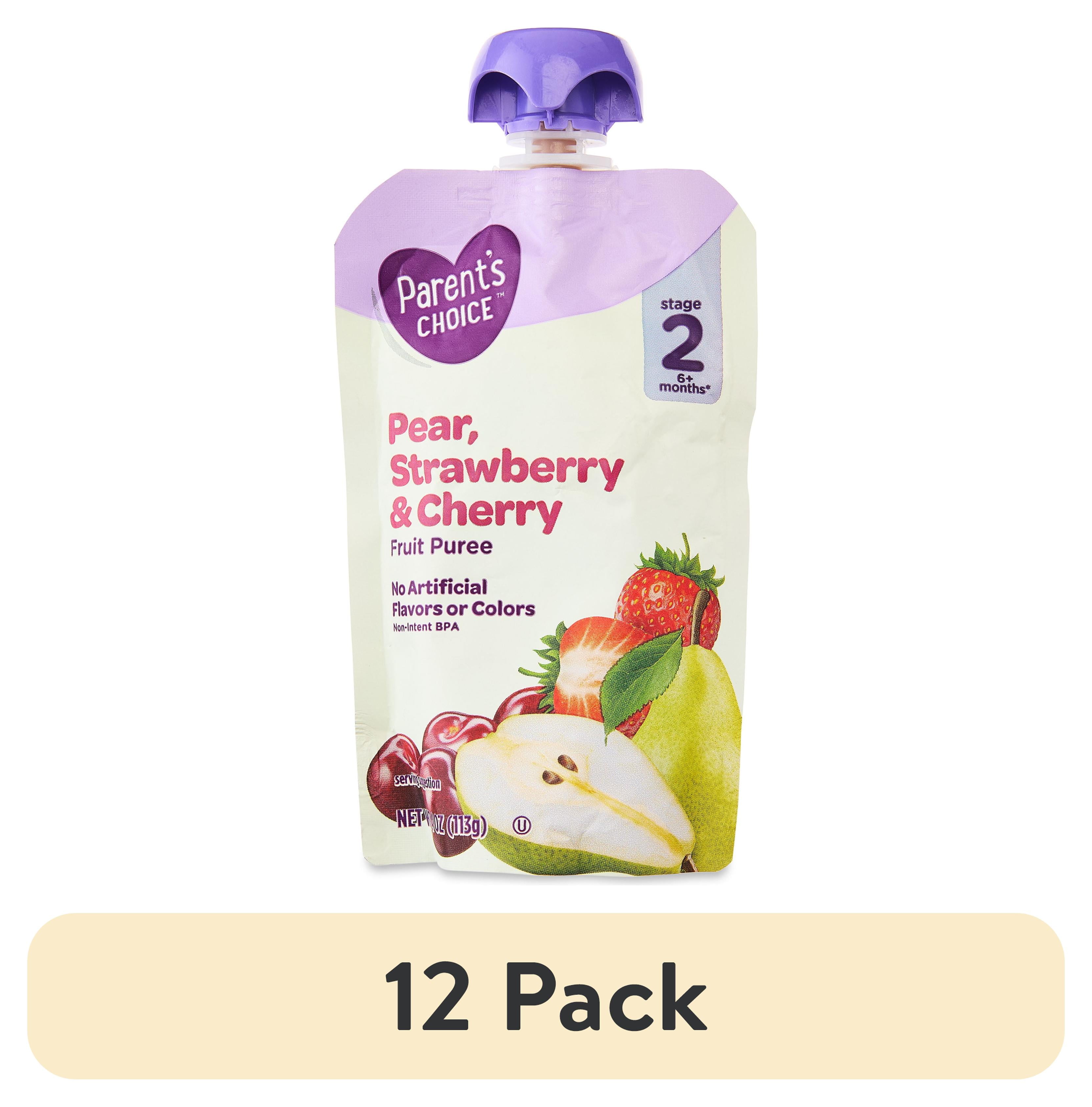 (12 pack) Parent's Choice Stage 2 Baby Food Pear, Strawberry & Cherry Fruit Puree, 4 oz Pouch