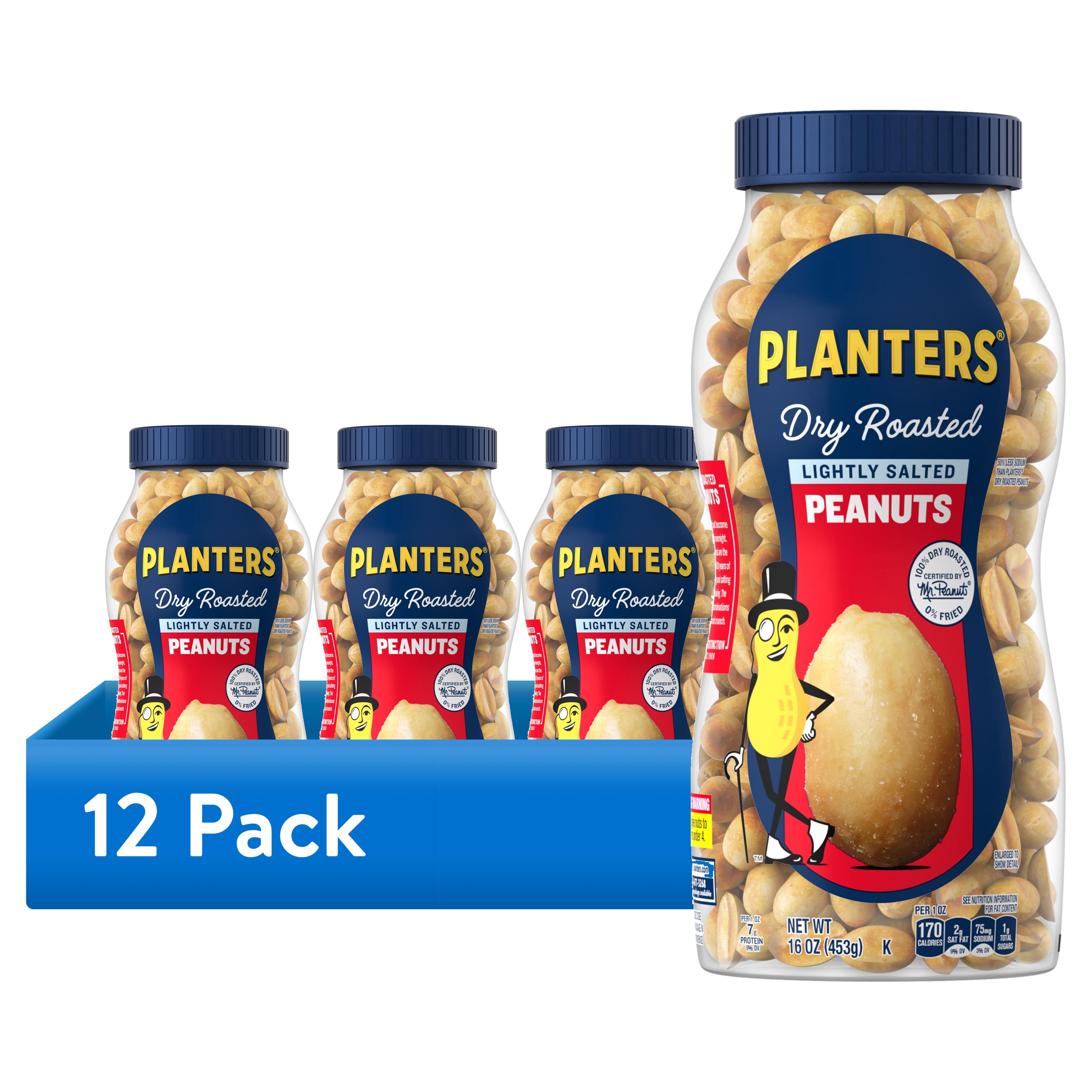 (12 pack) PLANTERS Lightly Salted Dry Roasted Peanuts, Party Snacks, Plant Based Protein, 16 oz Jar