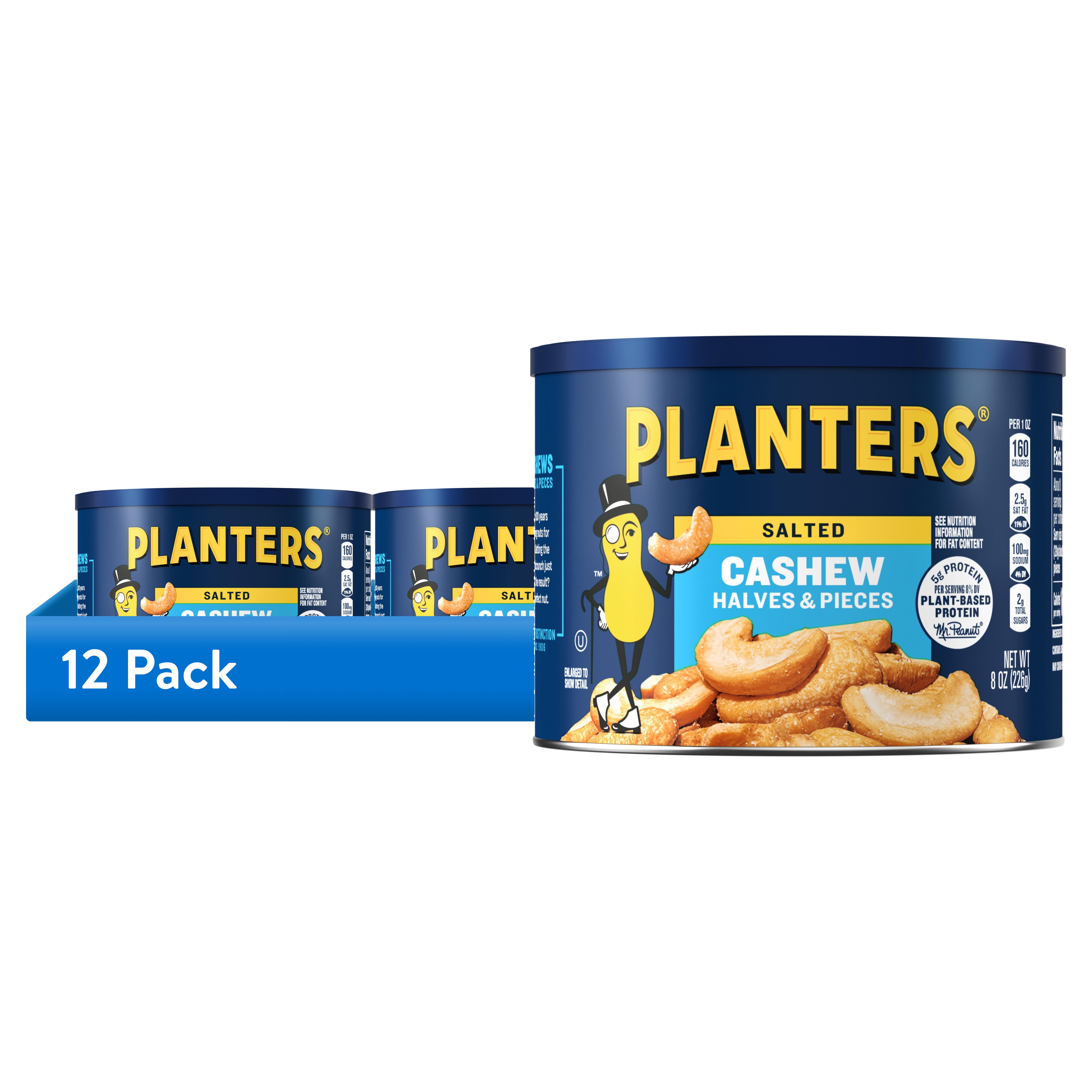 (12 pack) PLANTERS Salted Cashew Halves and Pieces, Party Snacks, Plant-Based Protein 8oz (1 Canister)