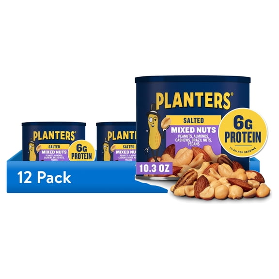 (12 pack) Planters Salted Mixed Nuts with Peanuts, Cashews, Almonds, Brazil Nuts, Pecans. 6g Protein (7% DV), Plant Based Protein Snacks, 10.3 oz Resealable Can