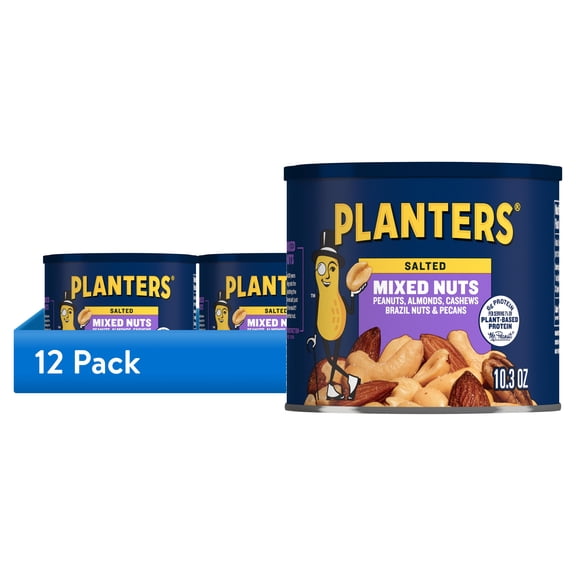 (12 pack) PLANTERS Salted Mixed Nuts, Party Snacks, 6g (7% DV) Plant-Based Protein, 10.3 oz Can