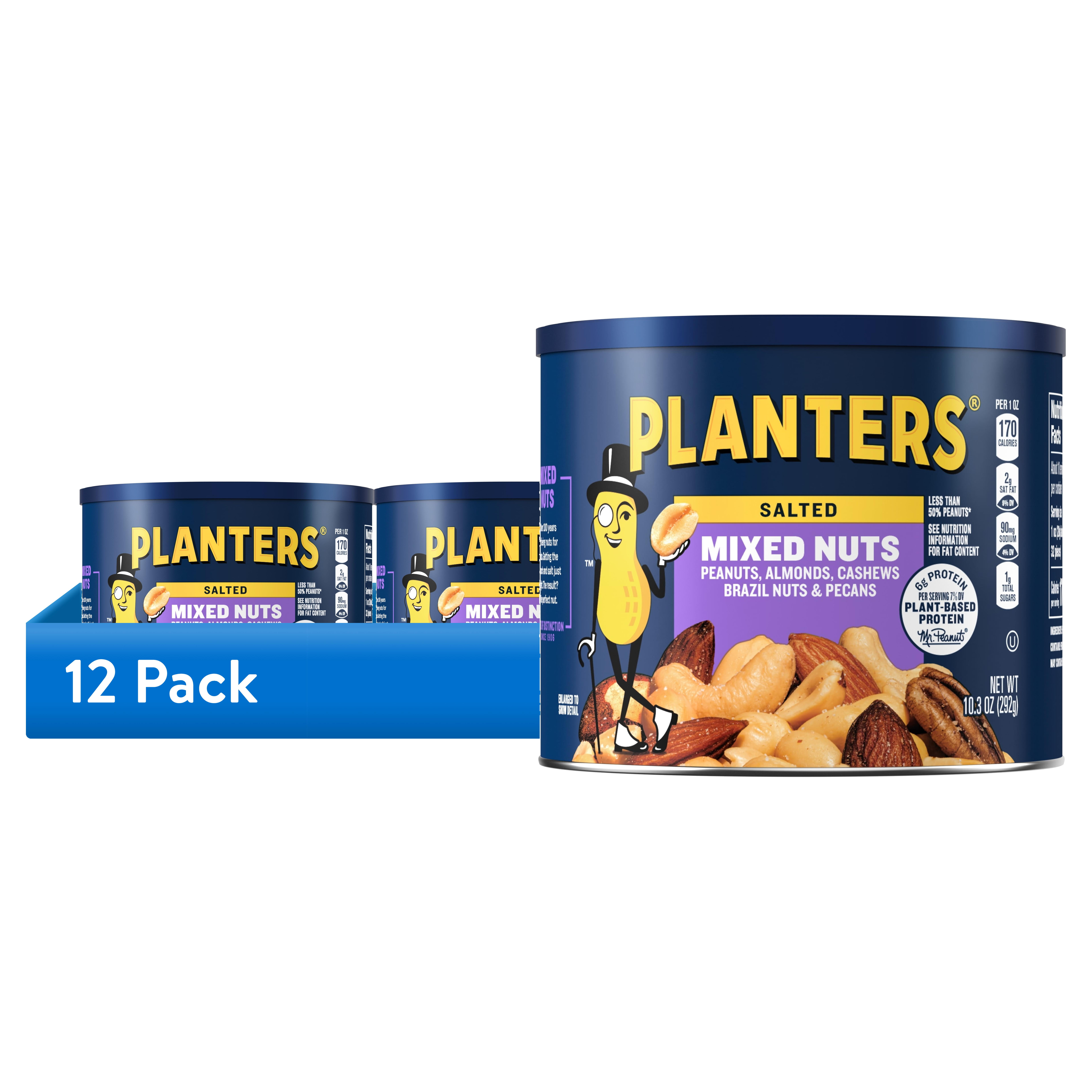 (12 pack) PLANTERS Salted Mixed Nuts, Party Snacks, Plant Based Protein, 10.3 oz Steel Can