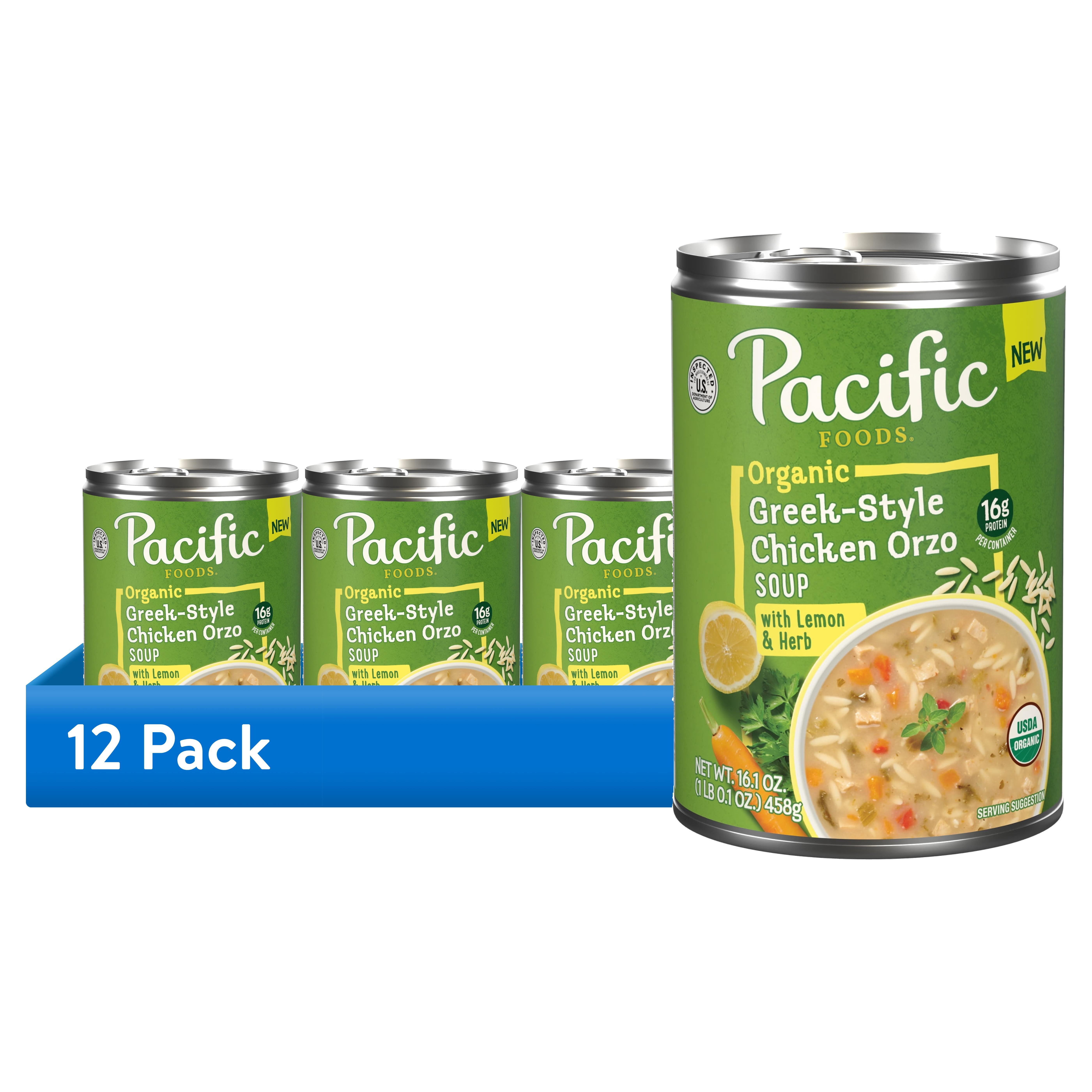 (12 pack) Pacific Foods Organic Greek-Style Chicken Orzo Soup with Lemon and Herb, 16.1 oz Can