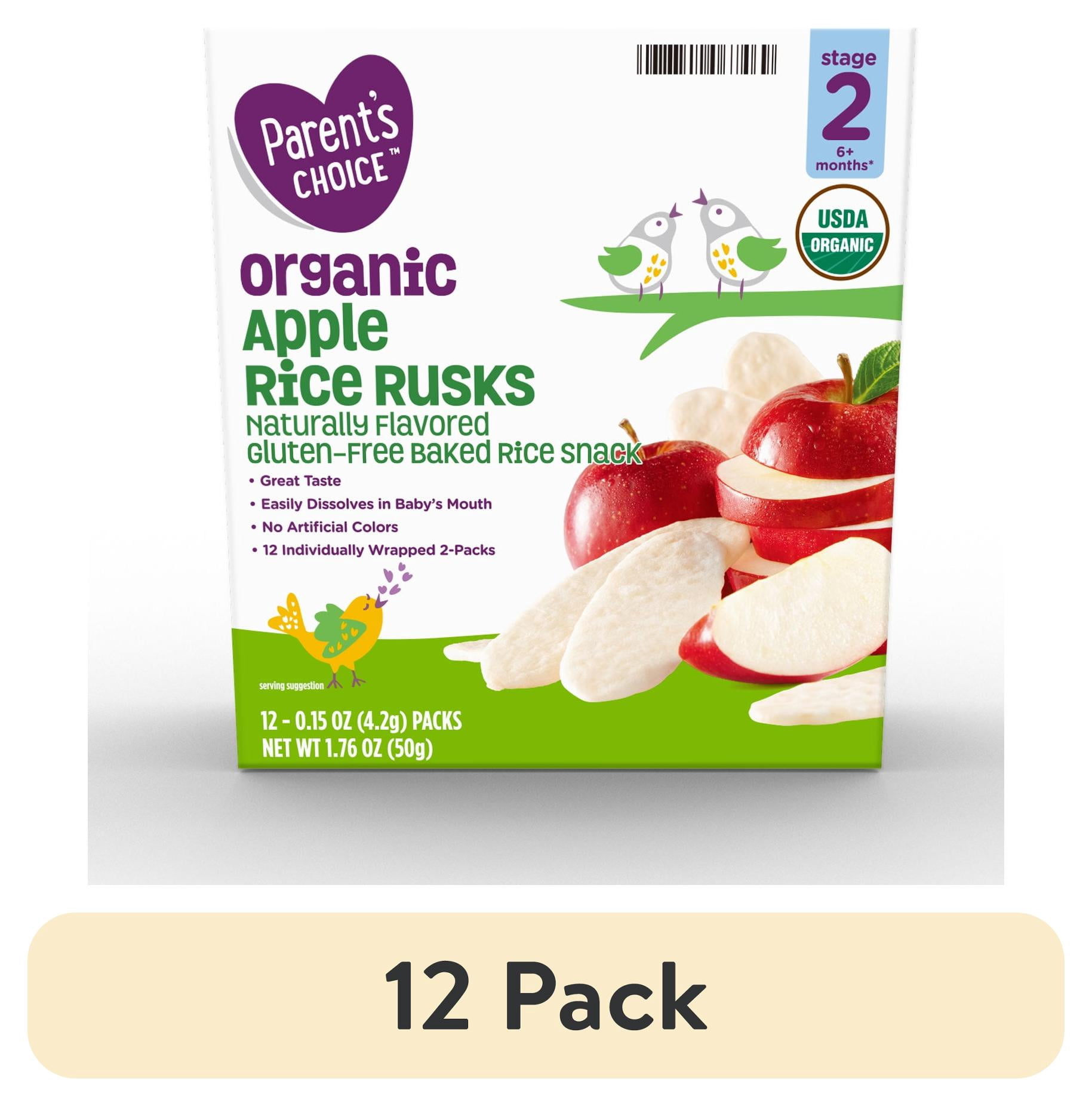 (12 pack) Parent's Choice Organic Stage 2 Apple Rice Rusks Baby Snack, 6+ Months, 0.15 oz, 12 Pack