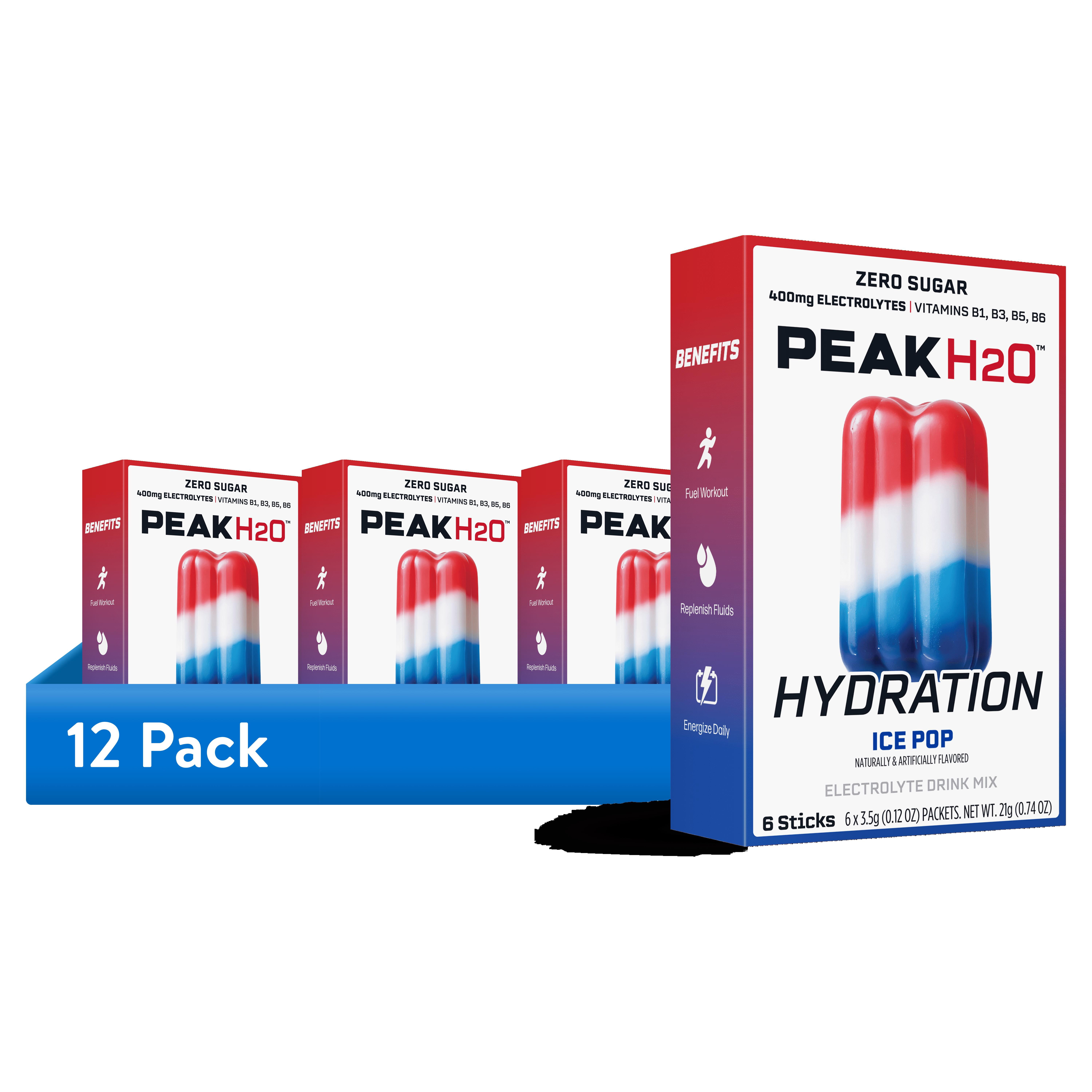 (12 pack) Peak H2O Hydration Powder Drink Mix, Ice Pop, 6 Pack