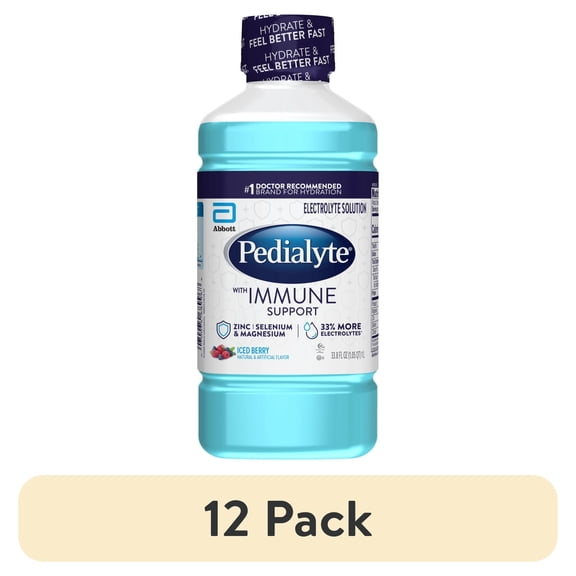 (12 pack) Pedialyte with Immune Support Electrolyte Solution, Iced Berry, 1 Liter