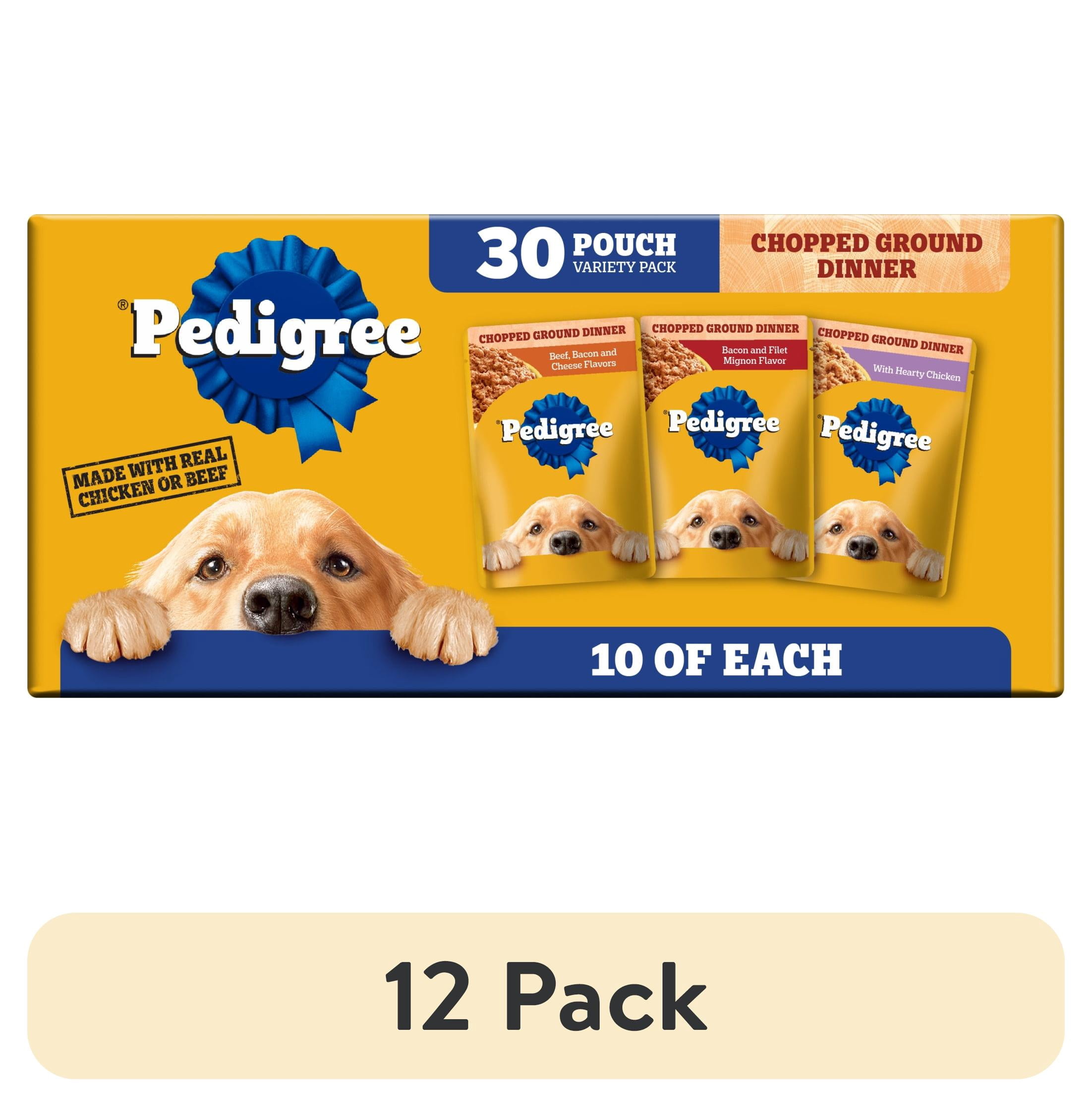 (12 pack) Pedigree Chopped Ground Dinner Beef & Bacon Variety Pack Wet Dog Food, (30) 3.5 Oz Pouches