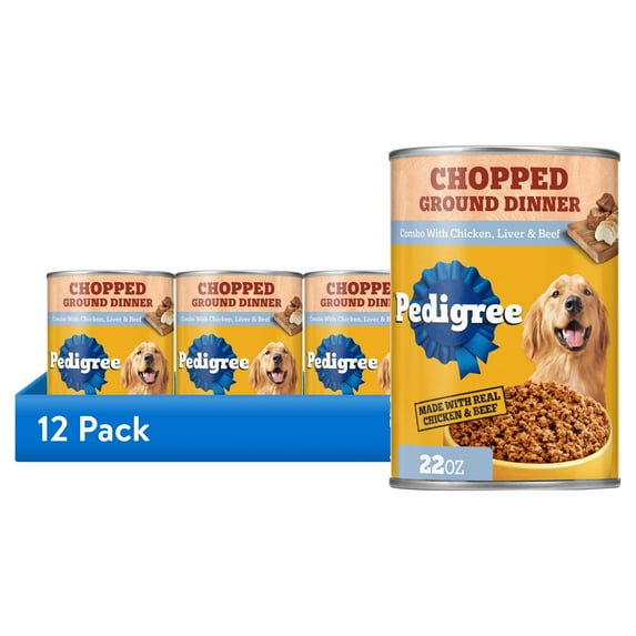 (12 pack) Pedigree Chopped Ground Dinner Chicken, Liver & Beef Adult Soft Wet Dog Food, (12) 22 oz Cans