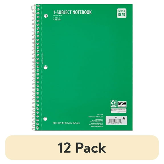 (12 pack) Pen + Gear Wide Ruled 1-Subject Notebook, 10.5” x 8”, Green, 70 Pages