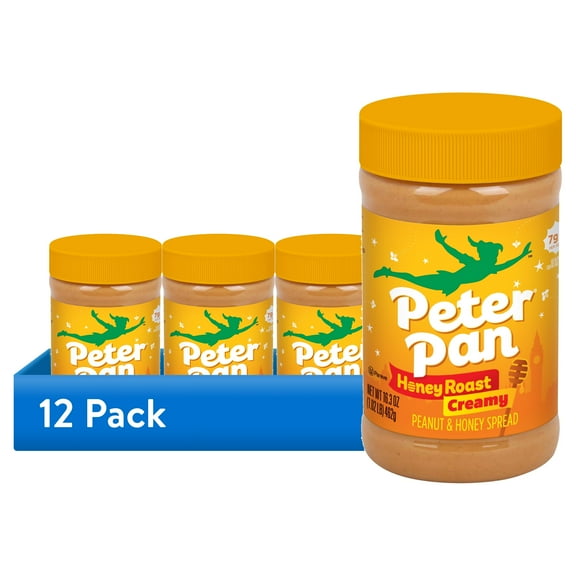 (12 pack) Peter Pan Creamy Honey Roast Peanut Butter, Smooth Peanut Butter Spread, Gluten-Free, 16.3 oz Jar