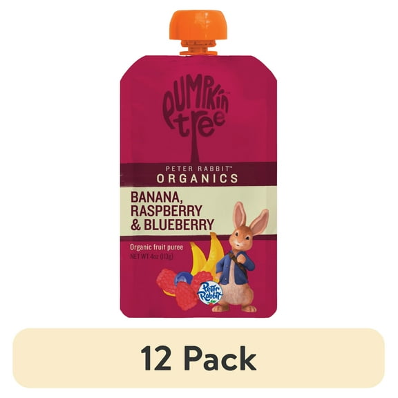 (12 pack) Peter Rabbit Banana, Raspberry & Blueberry Organic Fruit Puree, 4 oz Toddler Snack