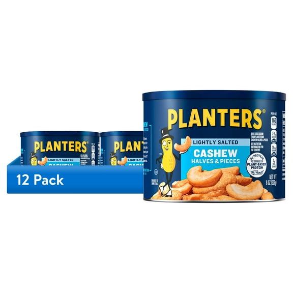 (12 pack) PLANTERS Lightly Salted Cashew Halves and Pieces, Party Snacks, Plant-Based Protein, 8 oz Canister