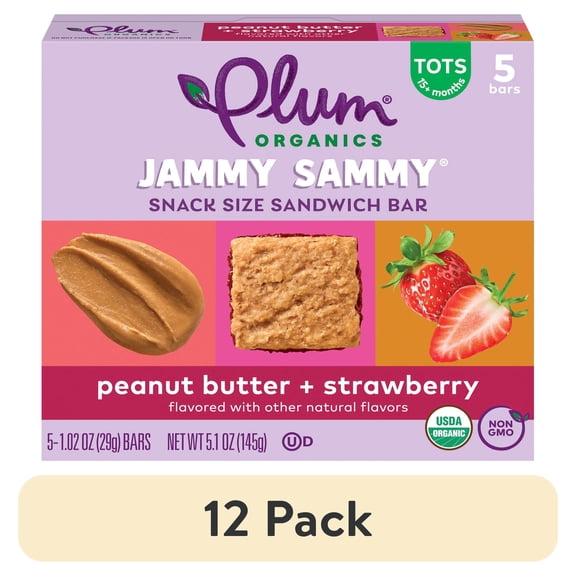 (12 pack) Plum Organics Jammy Sammy Snack Size Sandwich Bar Peanut Butter + Strawberry 5-Count Box/1.02oz Bars