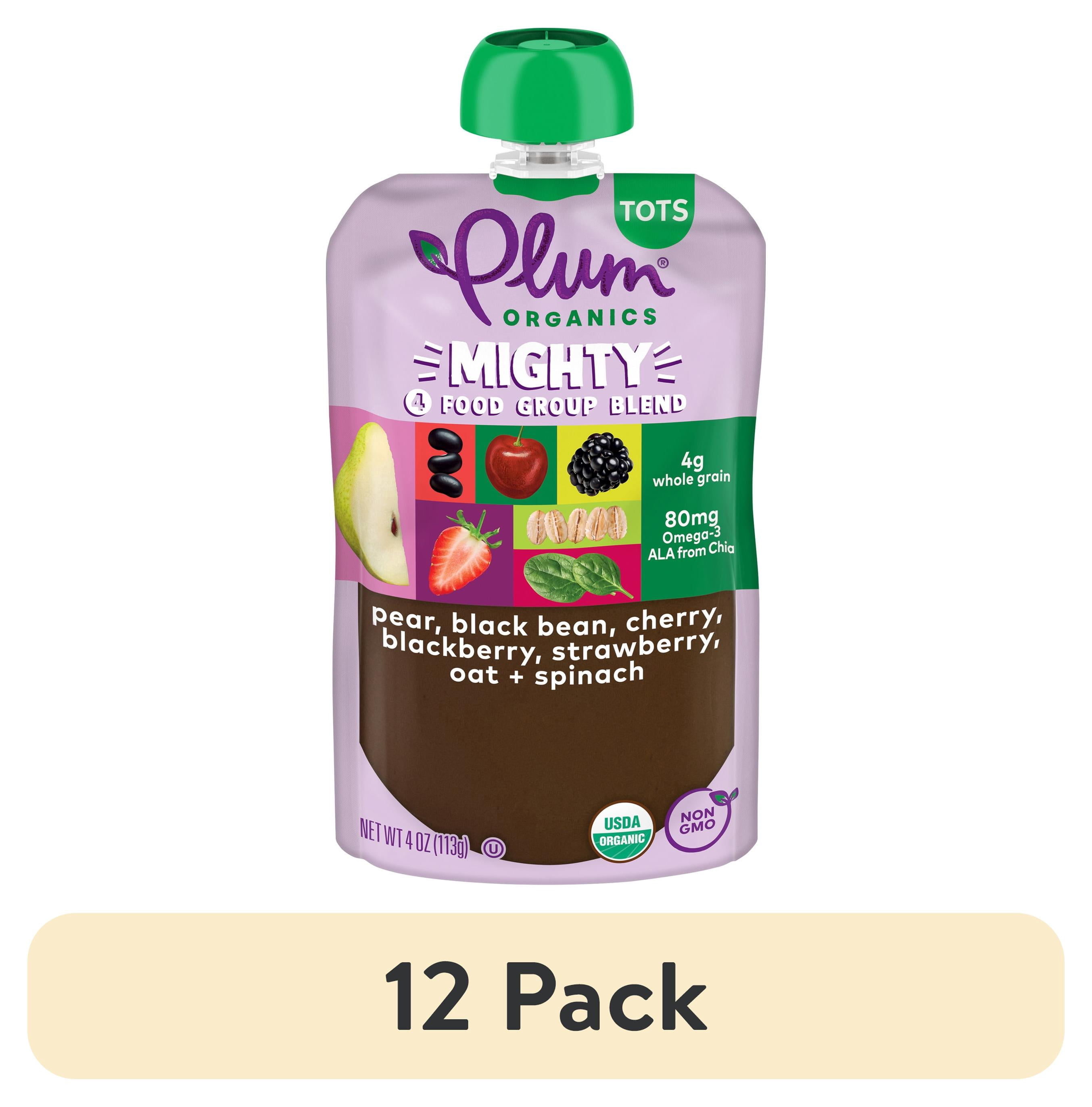(12 pack) Plum Organics® Mighty 4 Food Group Blend Pear, Black Bean, Cherry, Blackberry, Strawberry, Oat + Spinach 4oz Pouch