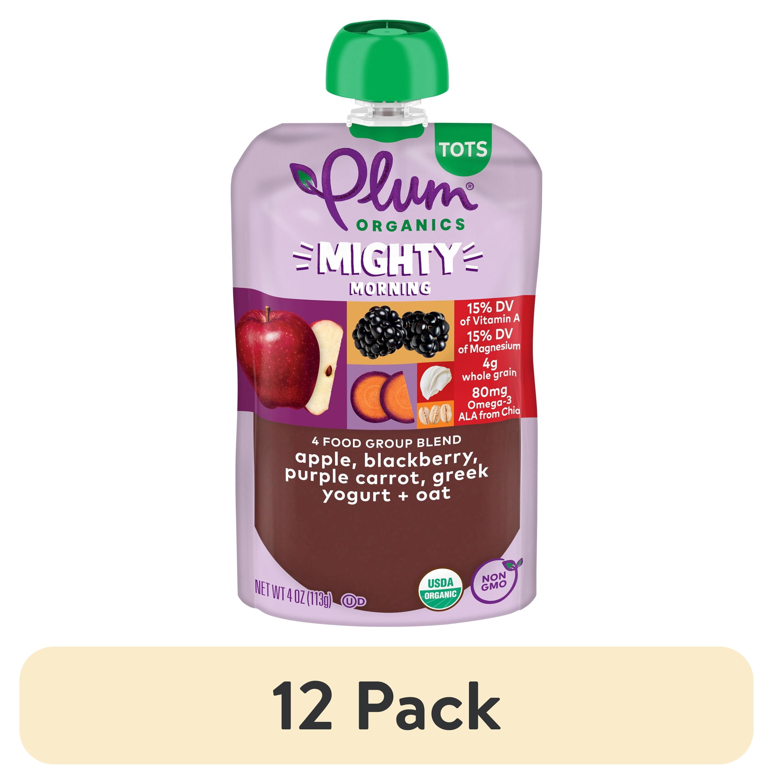 (12 pack) Plum Organics® Tots Mighty Morning 4 Food Group Blend Apple, Blackberry, Purple Carrot, Greek Yogurt + Oat 4oz Pouch