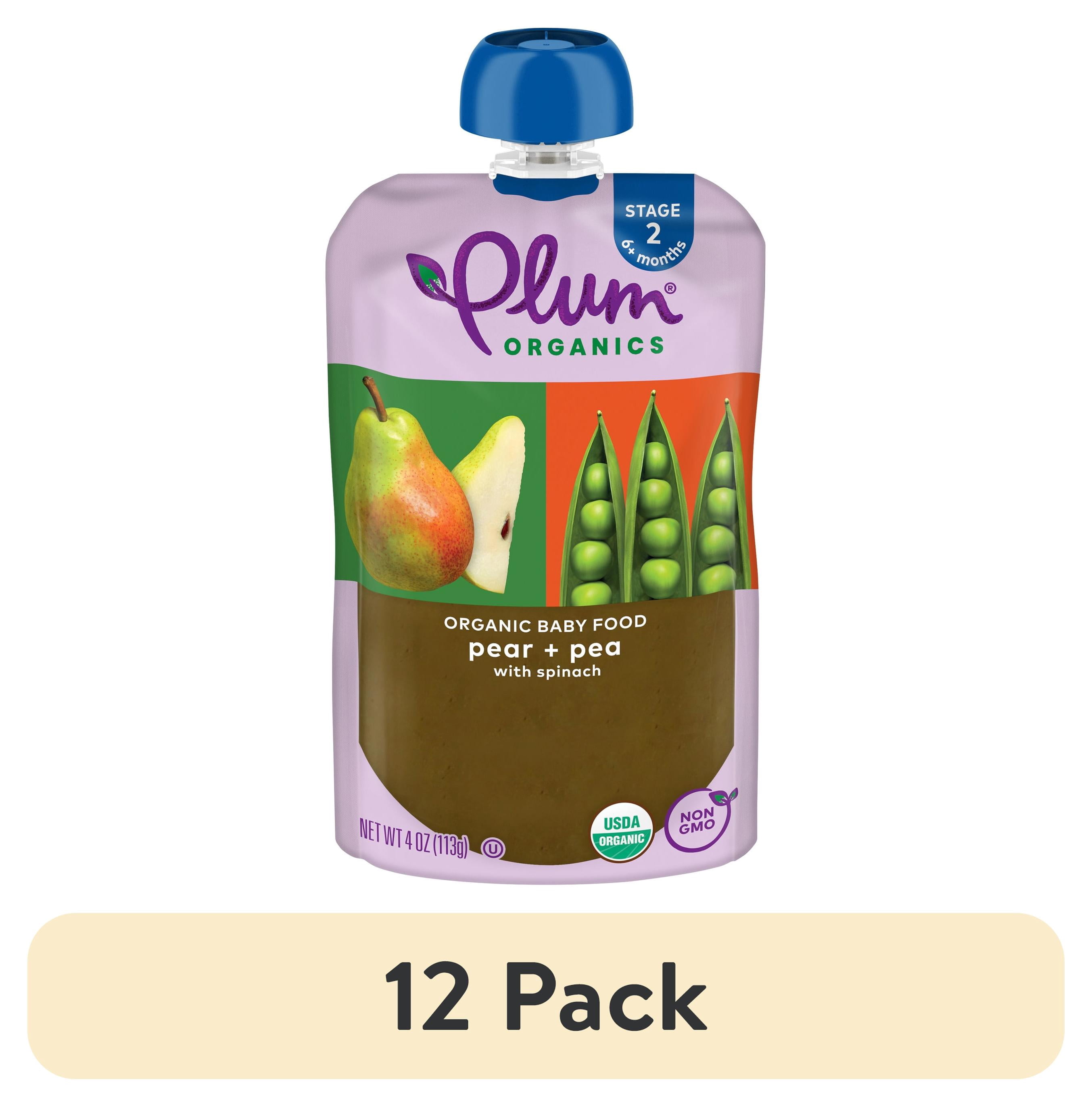 (12 pack) Plum Organics® Stage 2 Organic Baby Food Pear + Pea with Spinach 4oz Pouch