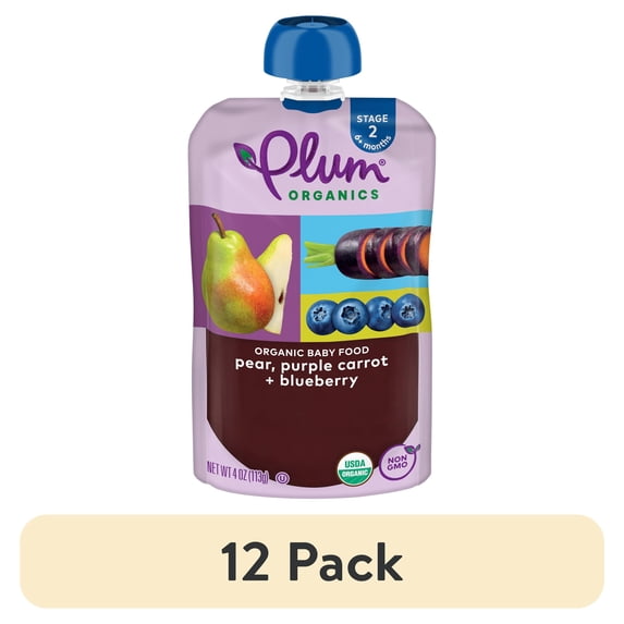 (12 pack) Plum Organics® Stage 2 Organic Baby Food Pear, Purple Carrot + Blueberry 4oz Pouch