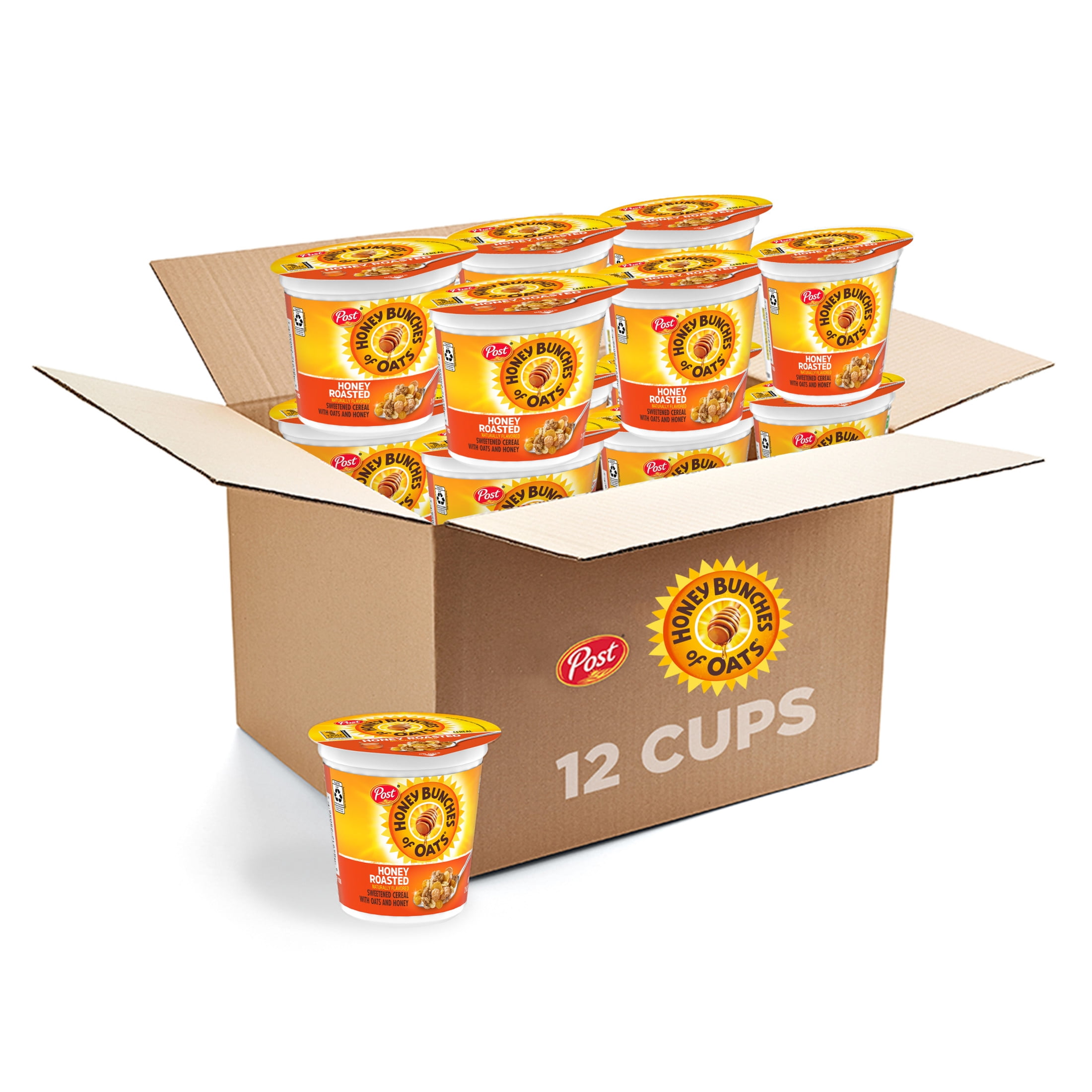 (12 pack) Post Honey Bunches of Oats Honey Roasted Breakfast Cereal, 2 OZ Cereal Cup (Pack of 12)