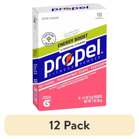 (12 pack) Propel Electrolyte Enhanced Water Drink Mix Powder Packets, Passionfruit Guava, Zero Calorie & Zero Sugar Hydration with Electrolytes and Vitamins C & E, (10 Packets)