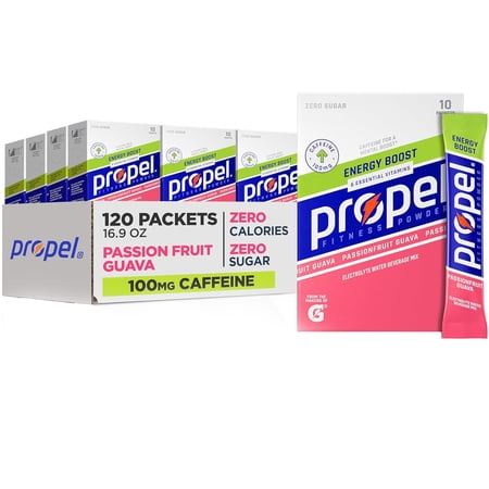 (12 pack) Propel Electrolyte Enhanced Water Drink Mix Powder Packets, Passionfruit Guava, Zero Calorie & Zero Sugar Hydration with Electrolytes and Vitamins C & E, (10 Packets)