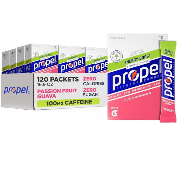 (12 pack) Propel Electrolyte Enhanced Water Drink Mix Powder Packets, Passionfruit Guava, Zero Calorie & Zero Sugar Hydration with Electrolytes and Vitamins C & E, (10 Packets)