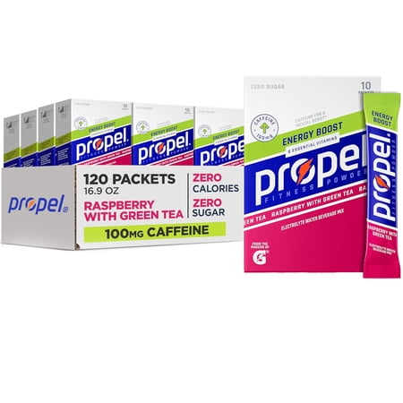 (12 pack) Propel Electrolyte Enhanced Water Drink Mix Powder Packets, Raspberry Green Tea, Zero Calorie & Zero Sugar Hydration with Electrolytes and Vitamins C & E, (10 Packets)