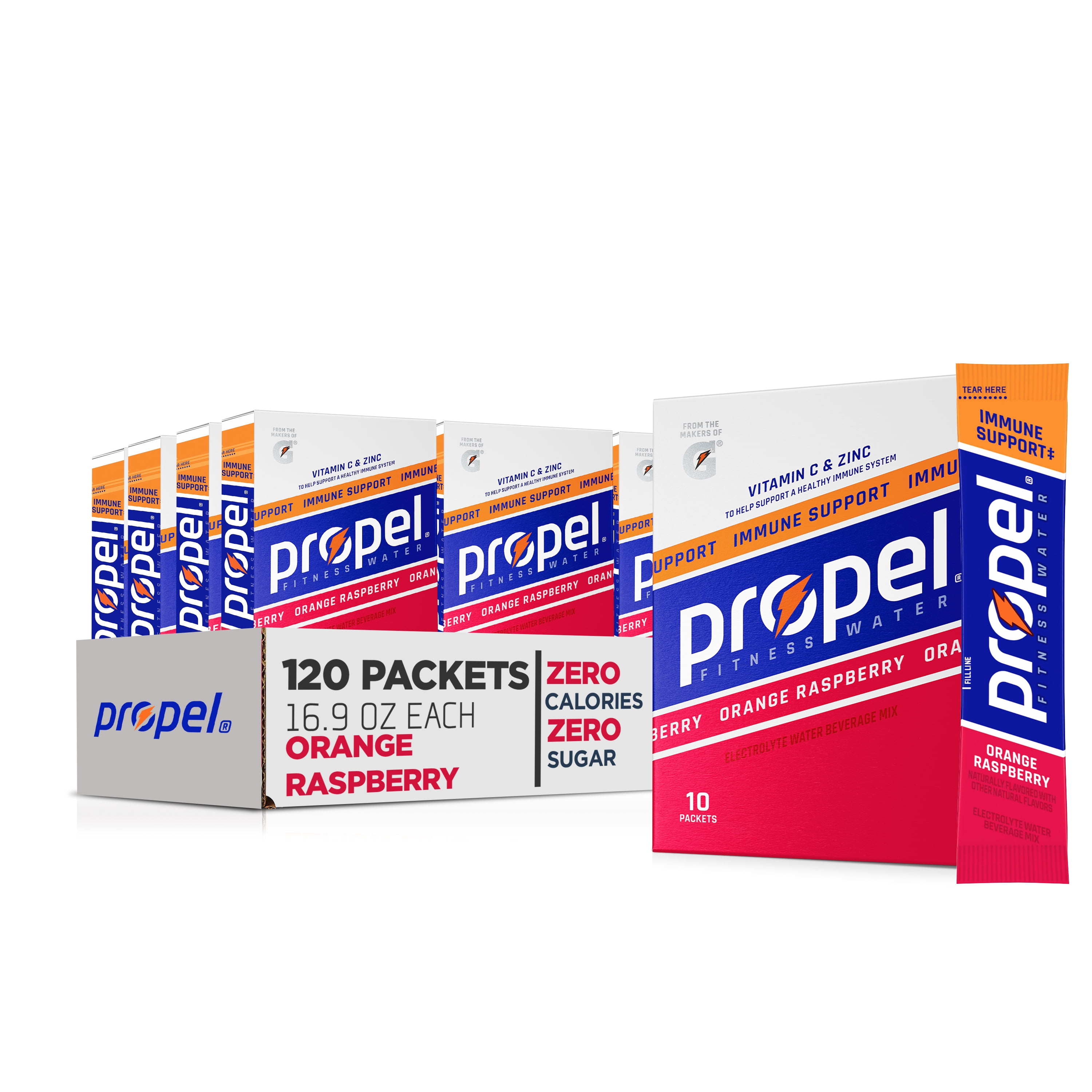 (12 pack) Propel Immune Support Electrolyte Orange Raspberry, Powered Energy Drink Mix Powder, 0.9 oz, 10 Count Packets