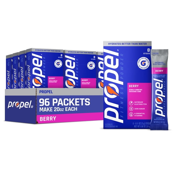 (12 pack) Propel Zero Sugar Berry, On the Go Packs, Electrolyte Powder Drink Mix, 0.11 oz, 8 Count Packets