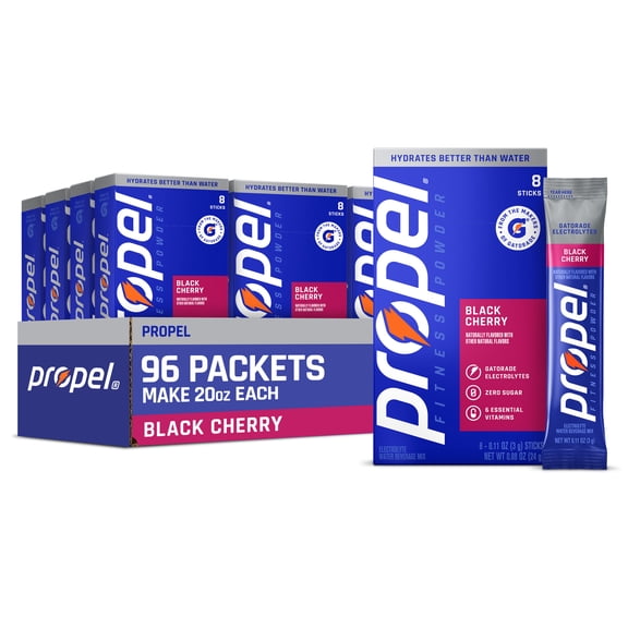 (12 pack) Propel Zero Sugar Black Cherry, On the Go Packs, Electrolyte Powder Drink Mix, 0.11 oz, 8 Count packets