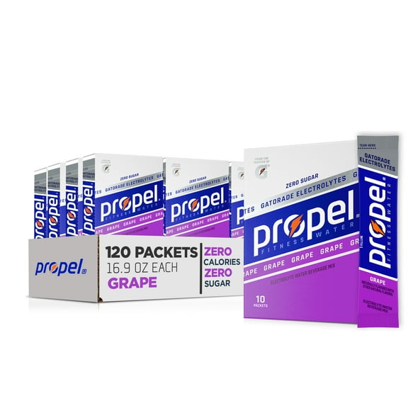 (12 pack) Propel Electrolyte Enhanced Water Drink Mix Powder Packets, Grape, Zero Calorie & Zero Sugar Hydration with Electrolytes and Vitamins C & E, (10 Packets)