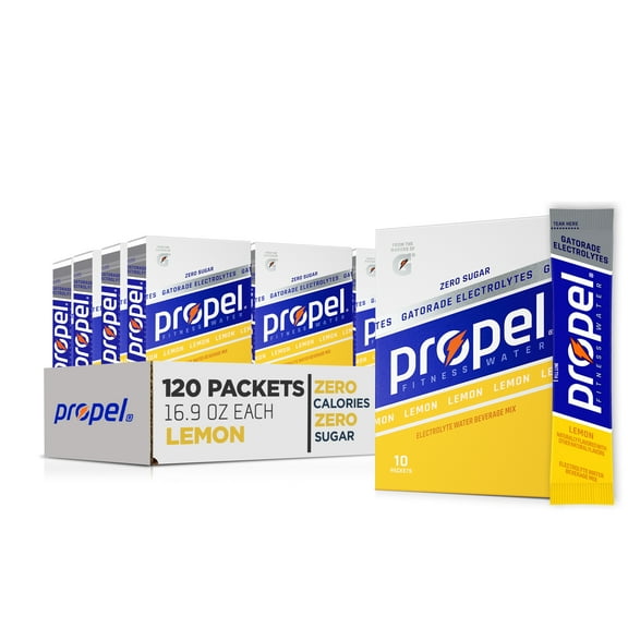 (12 pack) Propel Electrolyte Enhanced Water Drink Mix Powder Packets, Lemon, Zero Calorie & Zero Sugar Hydration with Electrolytes and Vitamins C & E, (10 Packets)