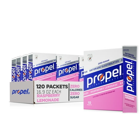 (12 pack) Propel Electrolyte Enhanced Water Drink Mix Powder Packets, Raspberry Lemonade, Zero Calorie & Zero Sugar Hydration with Electrolytes and Vitamins C & E, (10 Packets)
