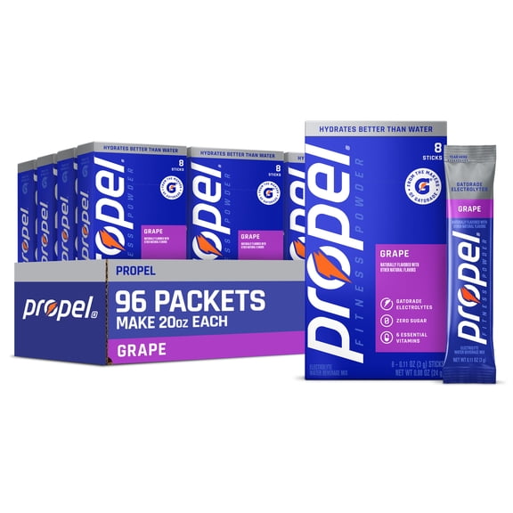 (12 pack) Propel Zero Sugar Grape, On the Go Packs, Electrolyte Powder Drink Mix, 0.11 oz, 8 Count packets