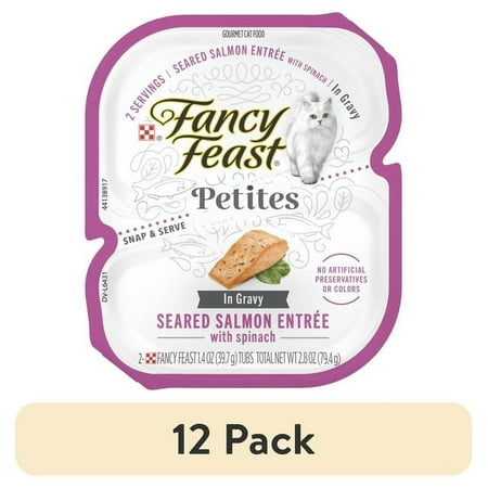 (12 pack) Purina Fancy Feast Petites Seared Salmon Entree With Spinach in Gravy Gourmet Wet Cat Food Pate, 2.8 oz.