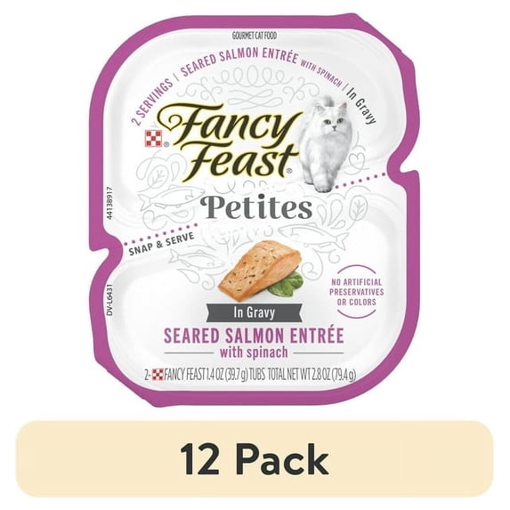 (12 pack) Purina Fancy Feast Petites Seared Salmon Entree With Spinach in Gravy Gourmet Wet Cat Food Pate, 2.8 oz.