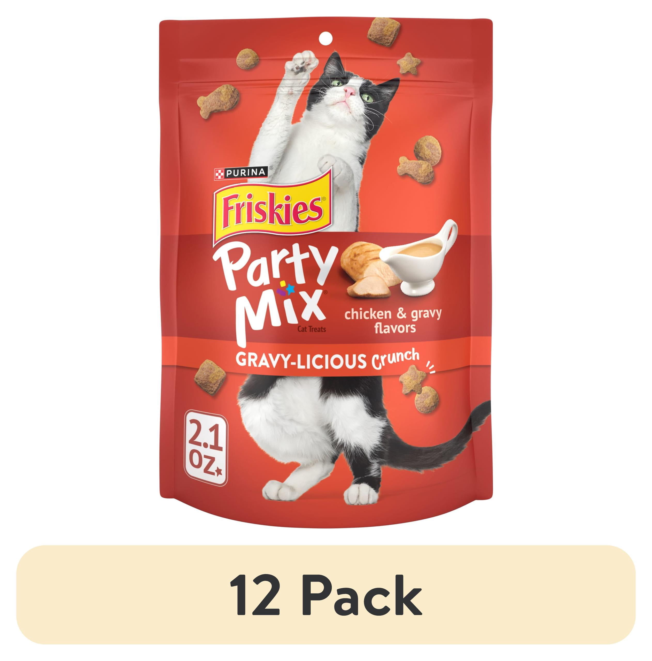 (12 pack) Purina Friskies Cat Treats, Party Mix Gravy-licious Crunch Chicken and Gravy Flavors, 2.1 oz.