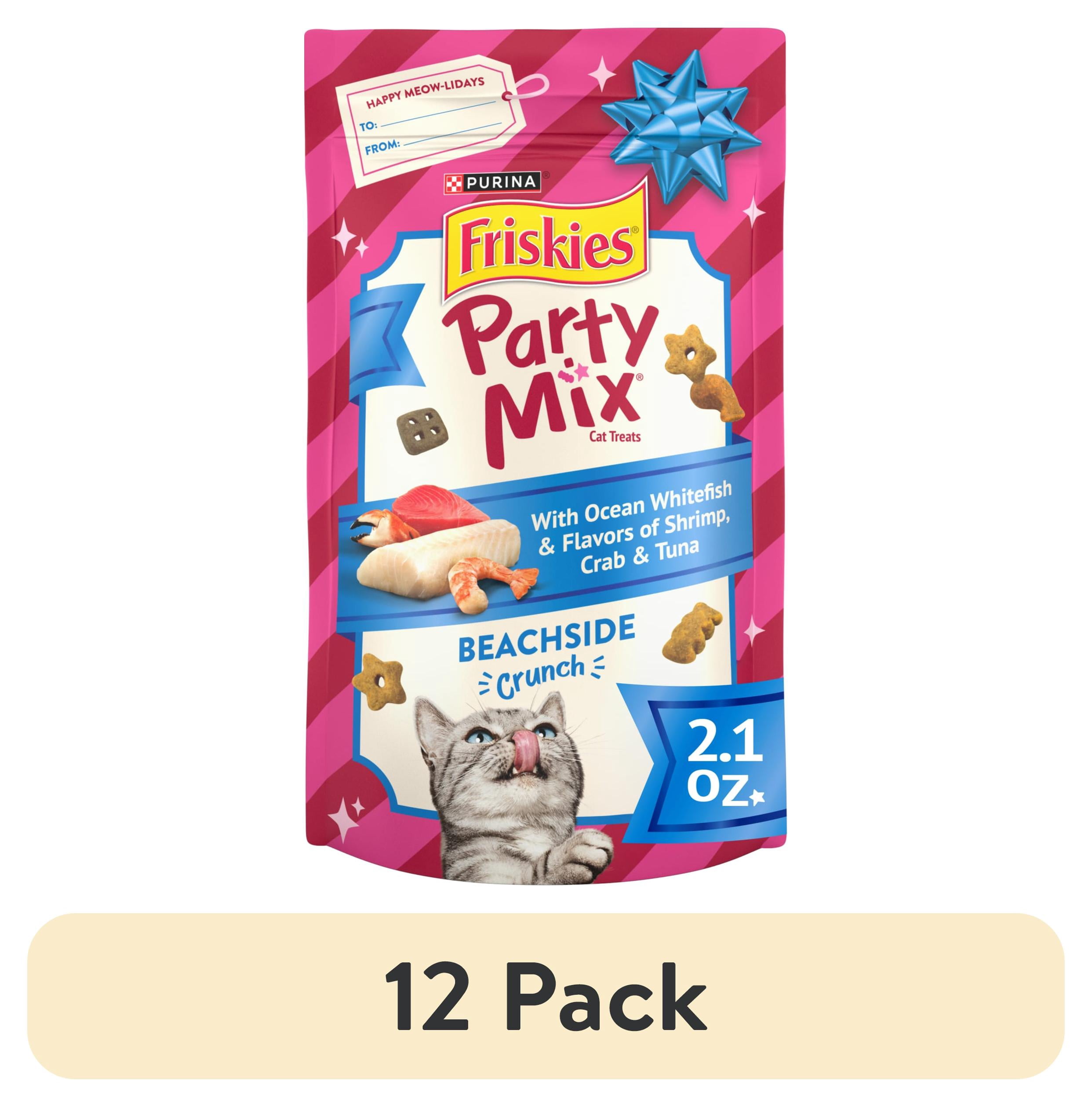 (12 pack) Purina Friskies Party Mix Beachside Crunch, Cat Treats, Shrimp, Crab, & Tuna, 2.1 oz Bag, 10 Pack
