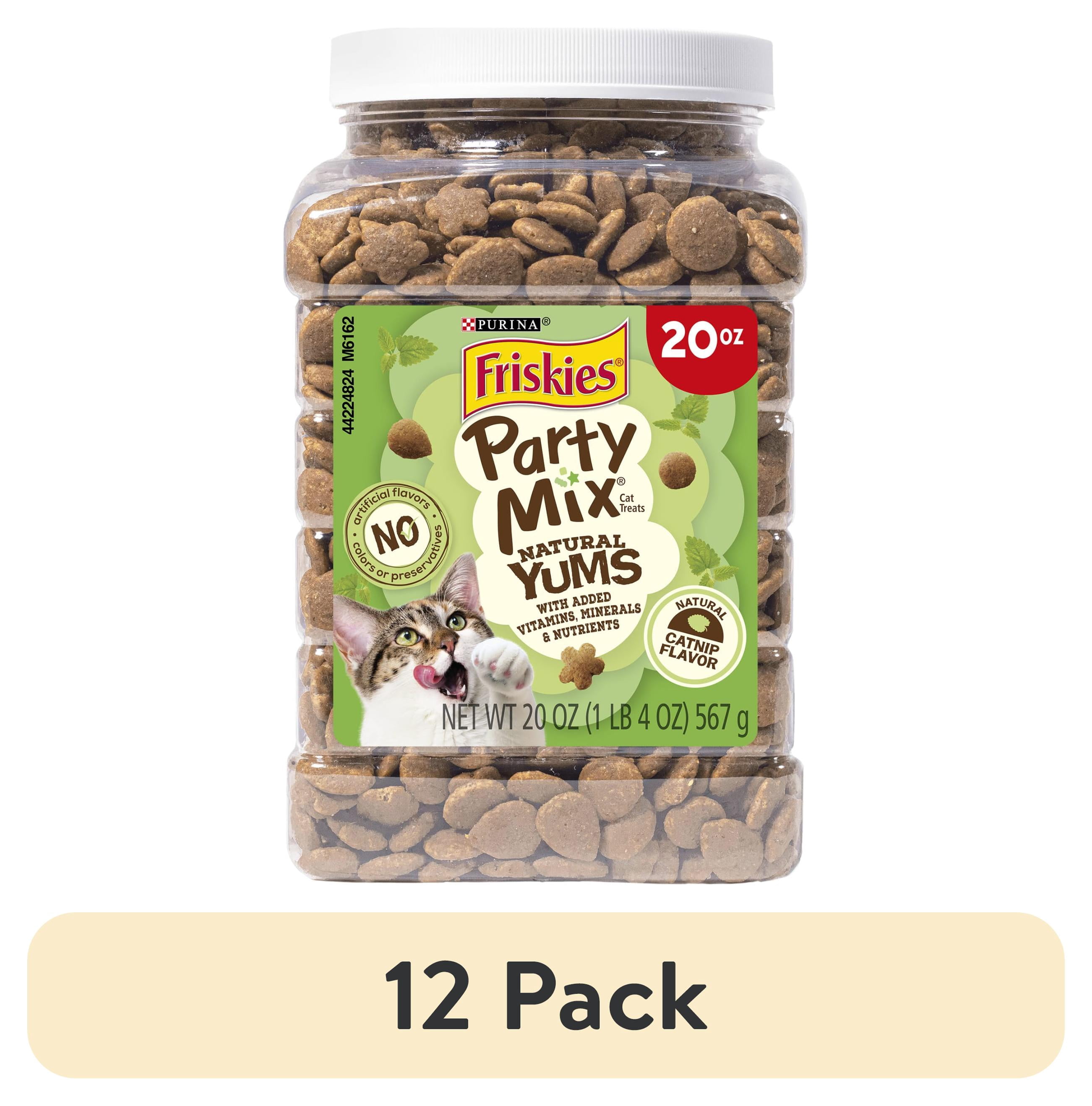 (12 pack) Purina Friskies Party Mix Natural Cat Treats, Natural Yums Catnip Flavor, 20 oz Canister, 3 Pack