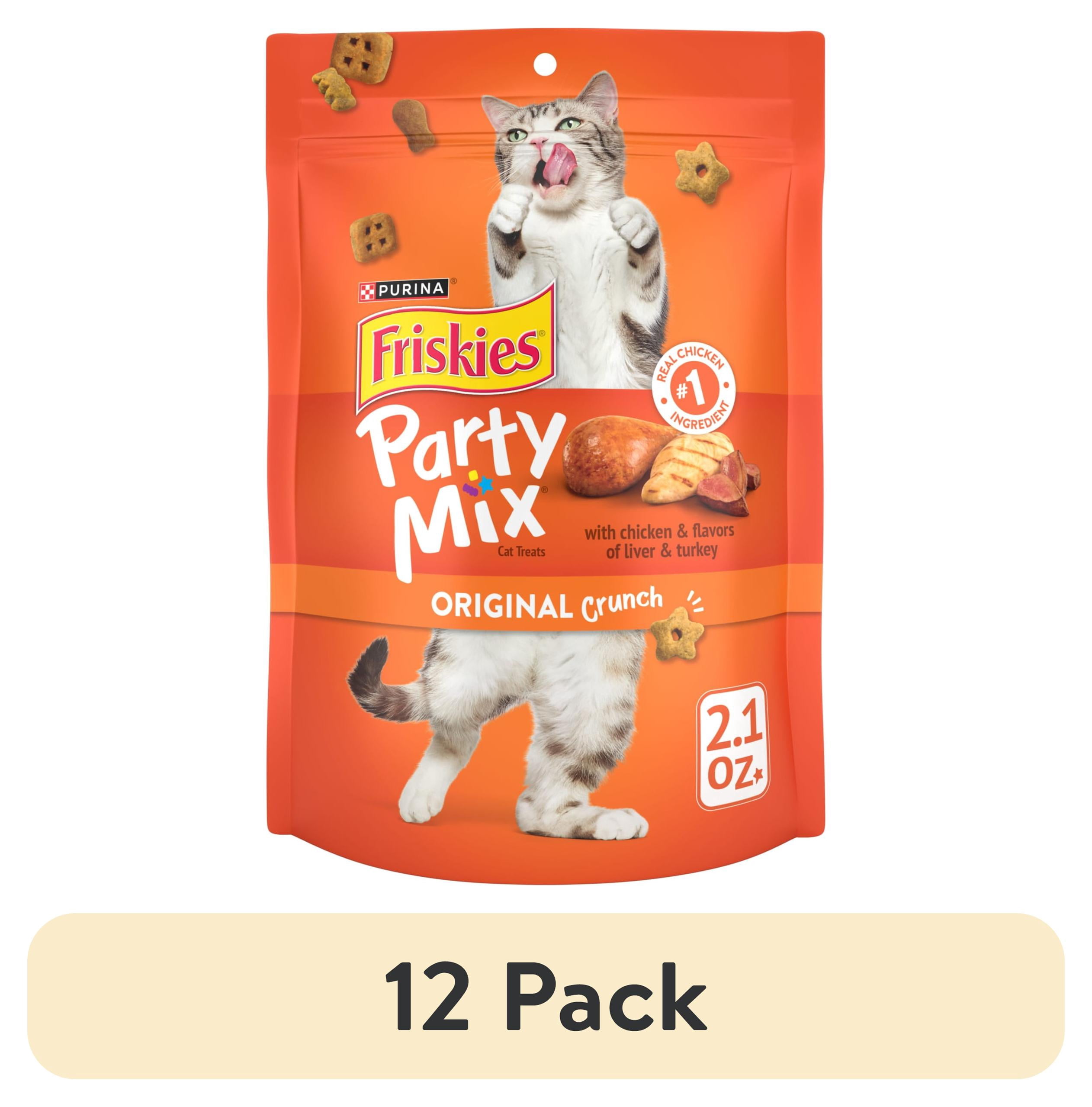 (12 pack) Purina Friskies Party Mix Original Crunch, Cat Treats, Chicken, Liver, & Turkey, 2.1 oz Bag, 10 Pack