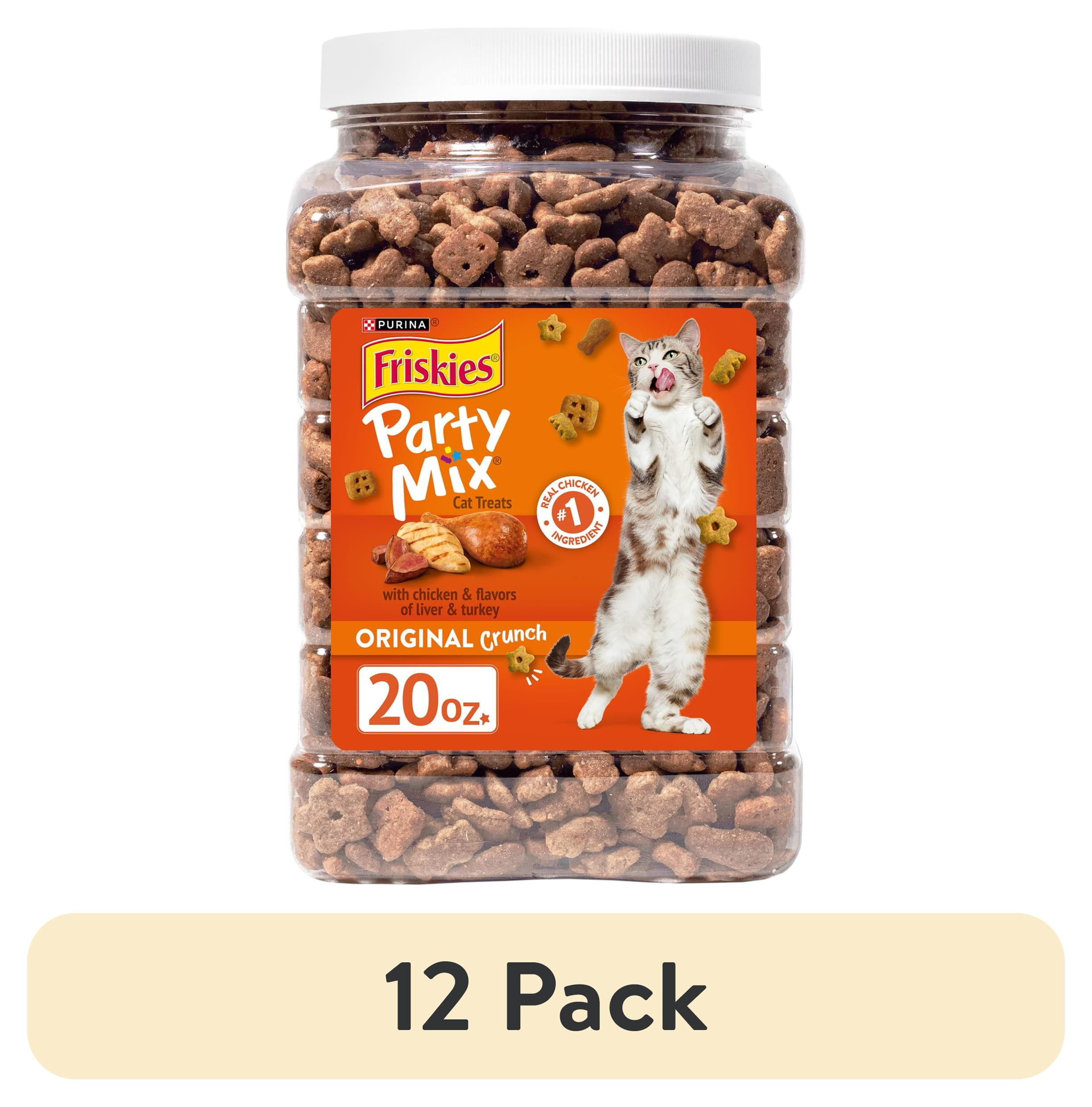 (12 pack) Purina Friskies Party Mix Original Crunch, Cat Treats, Chicken, Liver, & Turkey, 20 oz Canister, 3 Pack