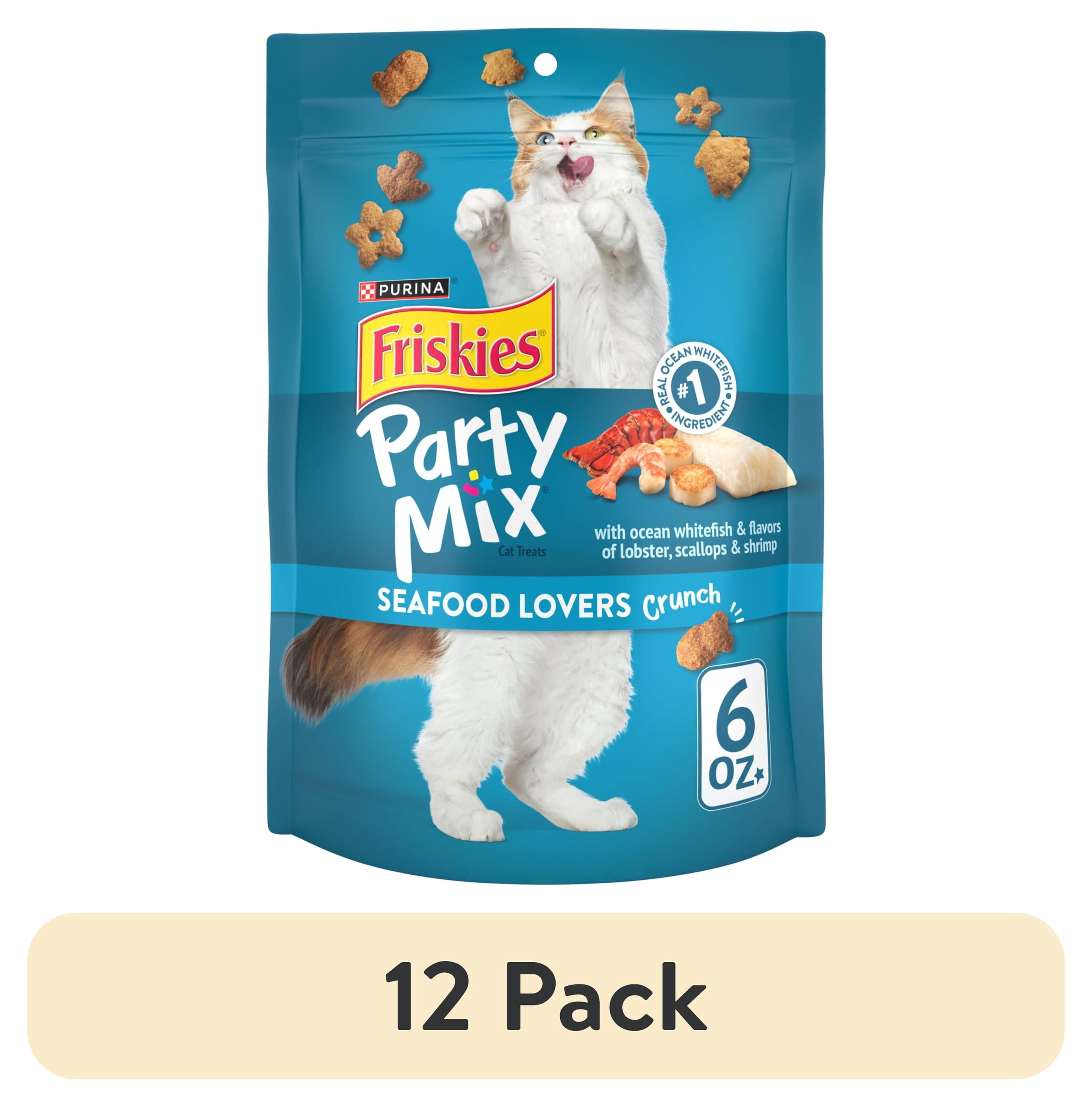 (12 pack) Purina Friskies Party Mix Seafood Lovers Crunch, Cat Treats, Scallop, Lobster, & Shrimp, 6 oz Bag, 6 Pack