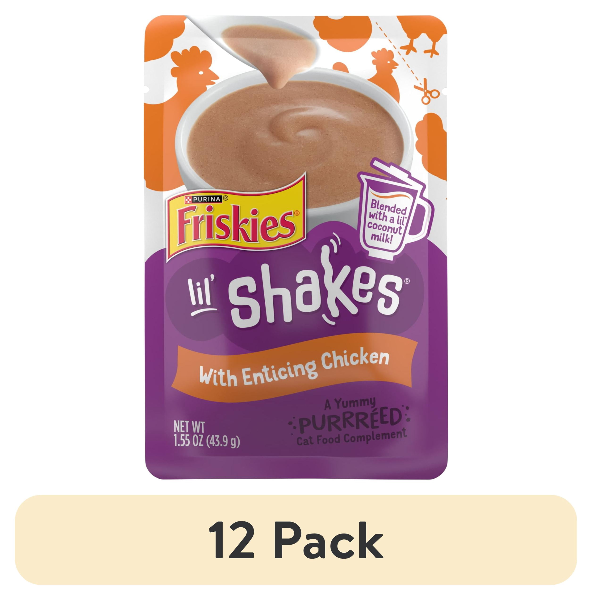 (12 pack) Purina Friskies Pureed Cat Food Toppers, Lil’ Shakes with Enticing Chicken Lickable Cat Treats, 1.55 oz Pouch