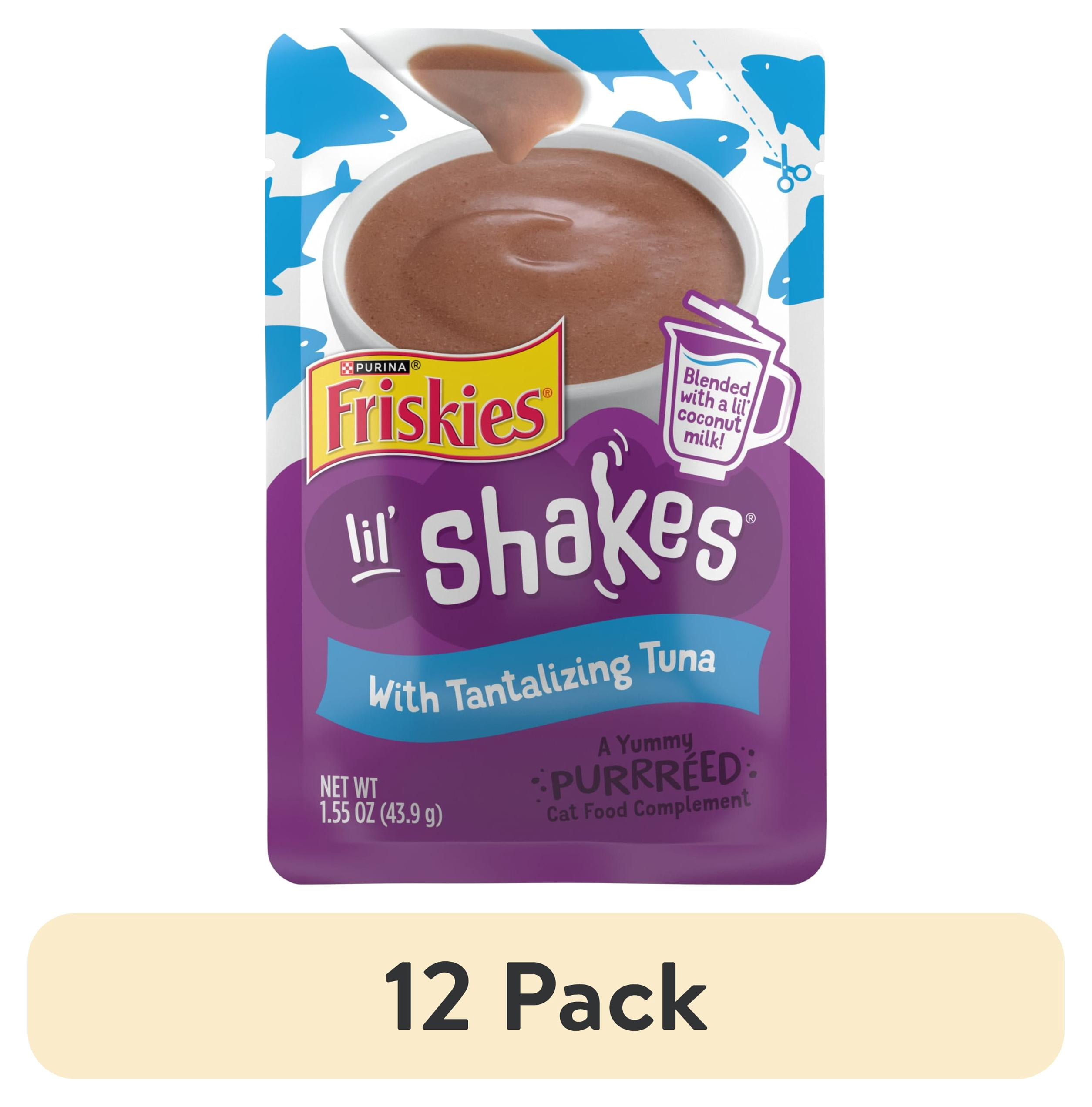 (12 pack) Purina Friskies Pureed Wet Cat Food Toppers, Lil’ Shakes With Tantalizing Tuna Lickable Cat Treats