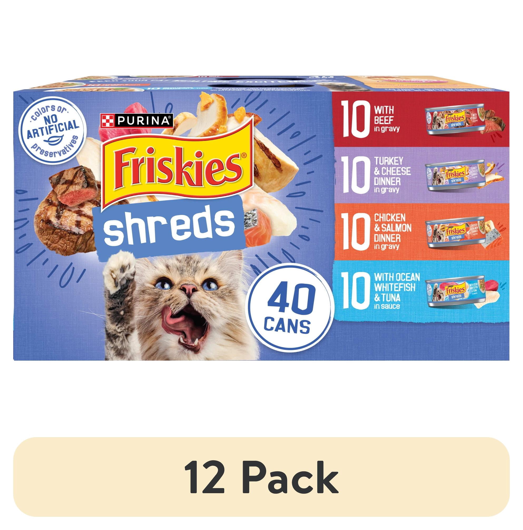 (12 pack) Purina Friskies Shreds Beef, Turkey, Chicken, & Ocean Whitefish Wet Cat Food Variety Pack, 5.5 oz Cans (40 Pack)