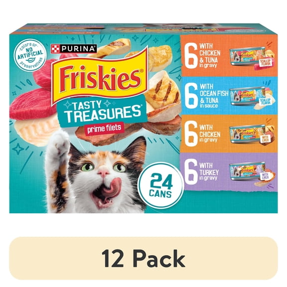 (12 pack) Purina Friskies Wet Cat Food Variety Pack, Tasty Treasures Prime Filets, 5.5 oz Cans