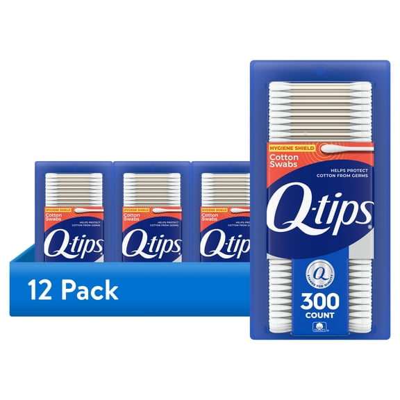 (12 pack) Q-tips Cotton Swabs, Hygiene Shield, For First Aid, Beauty and Baby, 100% Cotton, 300 Count