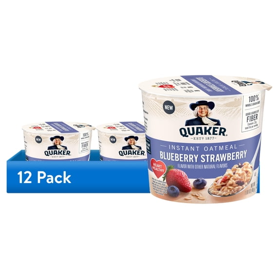 (12 pack) Quaker Blueberry & Strawberry flavored Instant Oatmeal, Quick Cook Oatmeal, 1.69 oz Cup