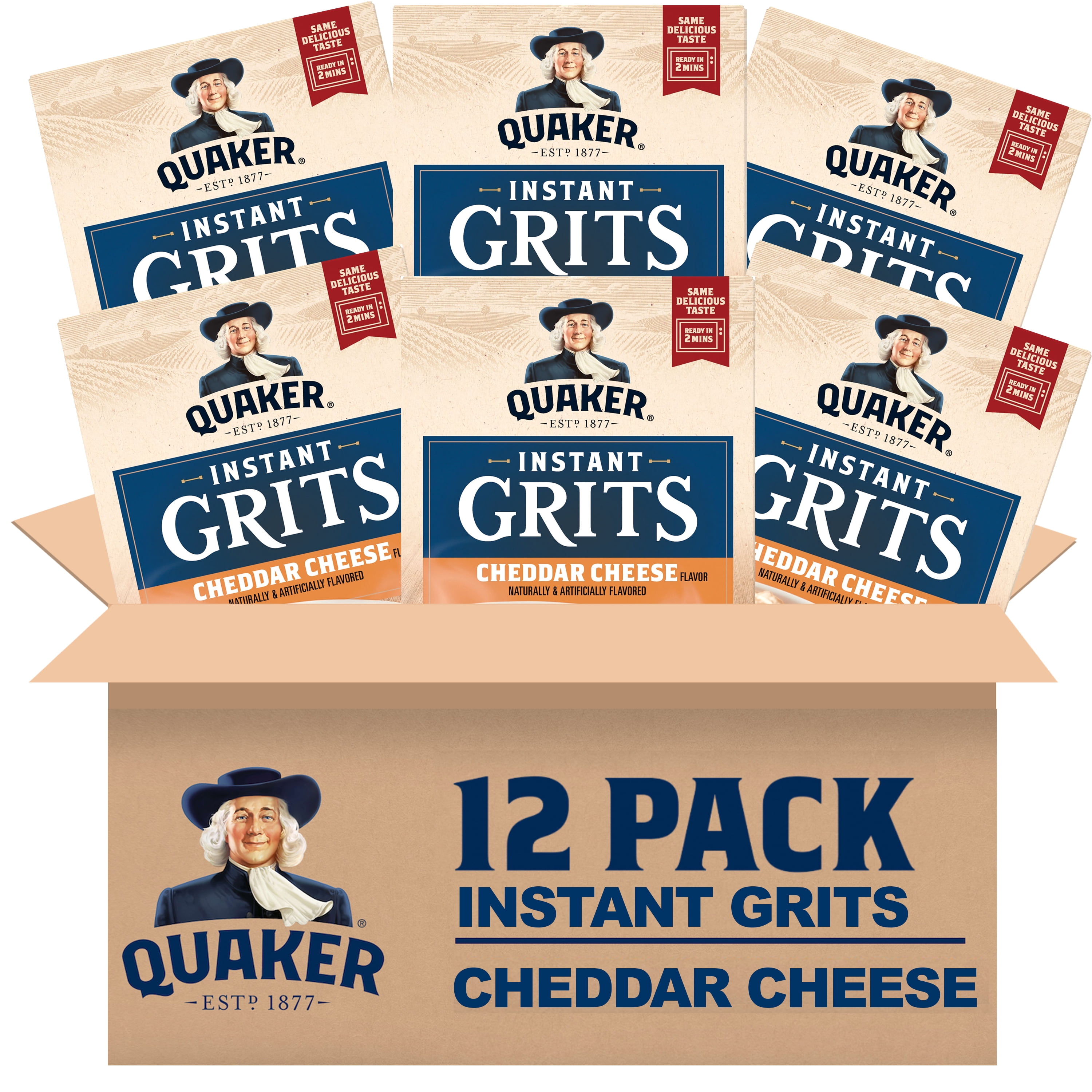 (12 pack) Quaker Cheddar Cheese Flavored Instant Grits, 9.8 oz Paperboard Box