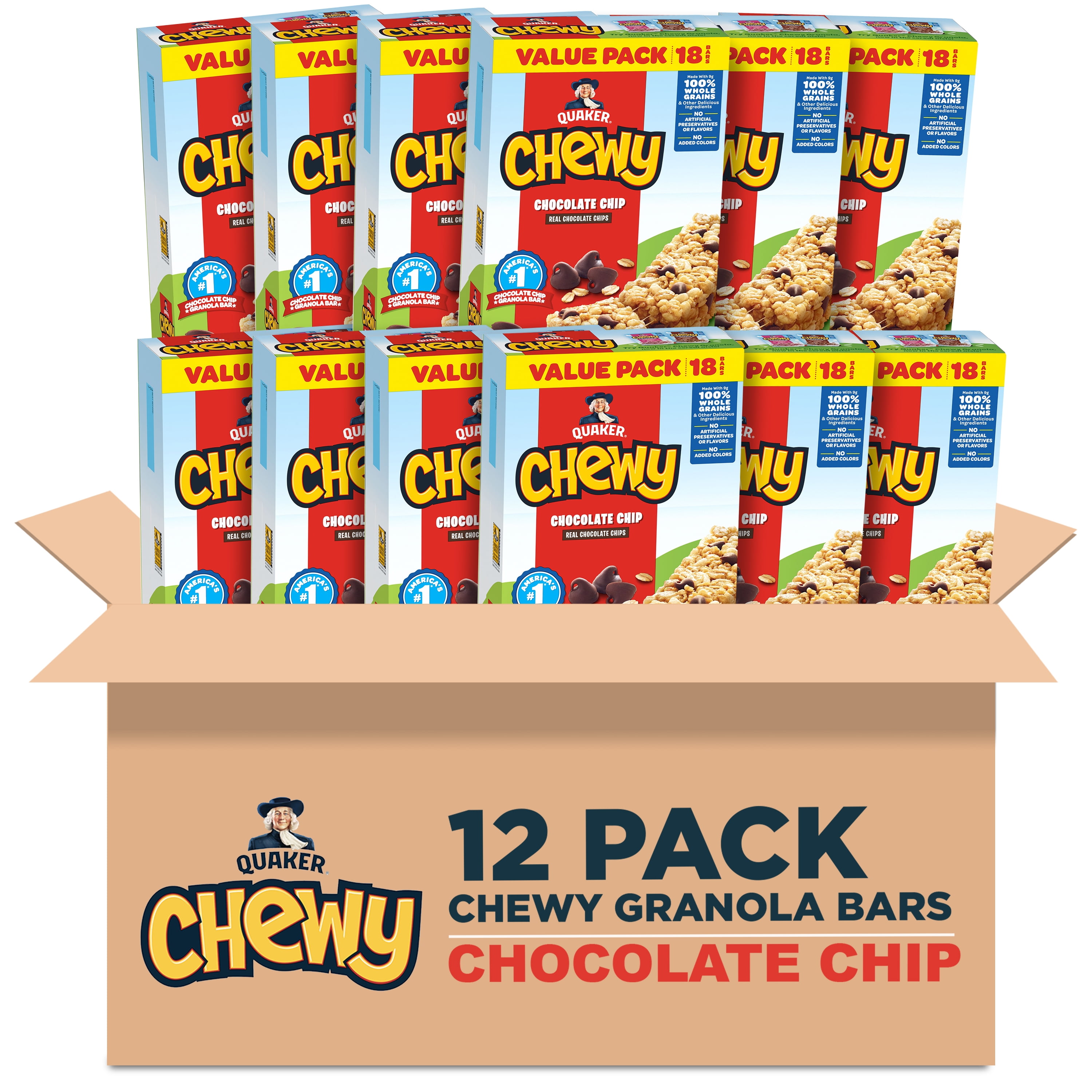 (12 pack) Quaker Chewy Chocolate Chip Granola Bars 18 Count, 0.84 oz Bars