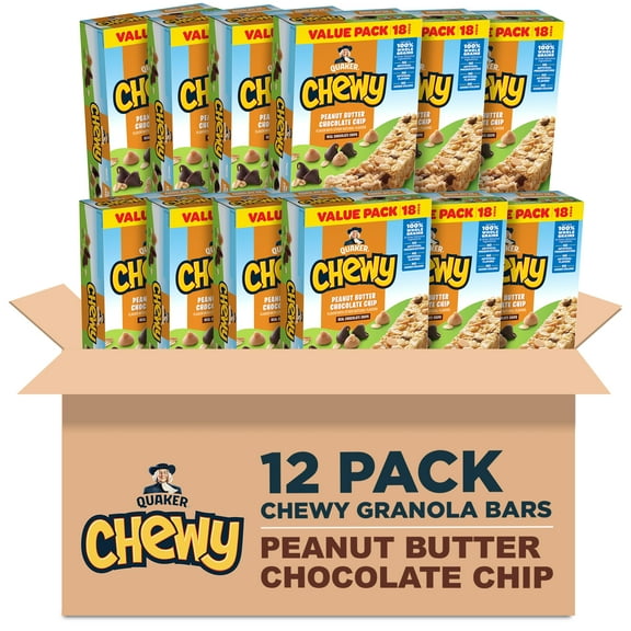 (12 pack) Quaker Chewy Granola Bar, Peanut Butter Chocolate Chip Flavor, 18 Count Granola Bars